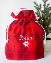 Load image into Gallery viewer, Personalized Dog Santa Sack Gift Bag with Red Flannel Plaid (Personalized with Embroidery)
