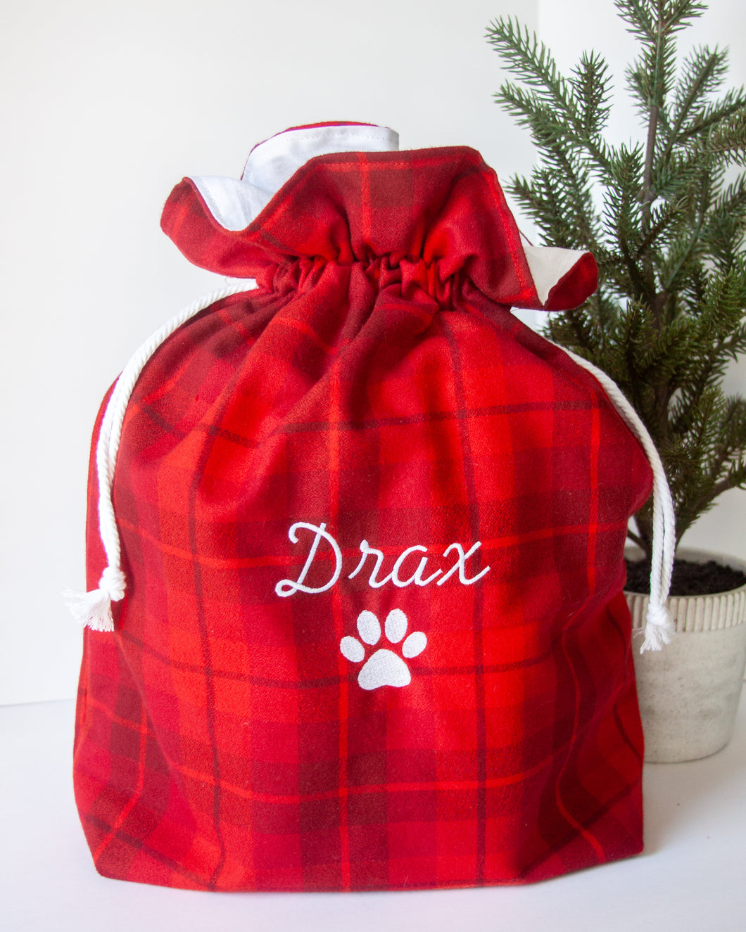 Personalized Dog Santa Sack Gift Bag with Red Flannel Plaid (Personalized with Embroidery)