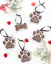 Load image into Gallery viewer, Personalized Dog Bone &amp; Paw Shape Wood Ornament &amp; Christmas Stocking Tag (2 STYLES)
