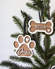 Load image into Gallery viewer, Personalized Dog Bone &amp; Paw Shape Wood Ornament &amp; Christmas Stocking Tag (2 STYLES)
