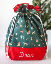 Load image into Gallery viewer, Personalized Dog Santa Sack with Dog Print &amp; Red Canvas Bottom (Personalized with Embroidery)
